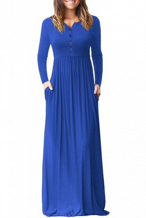 Ярко-синее;приталенное;платье;на;пуговицах;и;с;карманами;в;боковых;швах