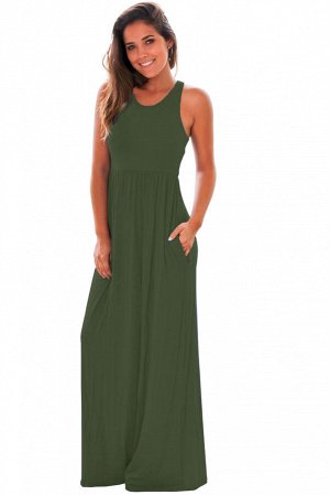Зеленое приталенное макси платье с американской проймой и карманами