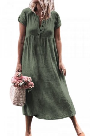 Серо-зеленое повседневное платье на пуговицах и с V-образным вырезом
