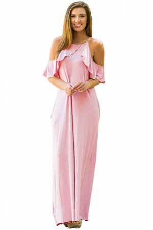 Светло-розовое длинное платье-балахон с воланами и вырезами на плечах