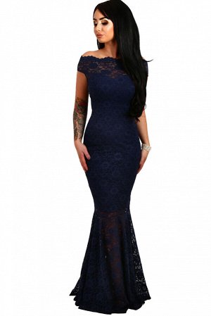 Темно-синее кружевное платье-русалка со спущенными короткими рукавами