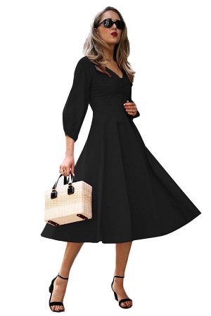 Черное винтажное платье на пуговицах и с рукавами-фонариками