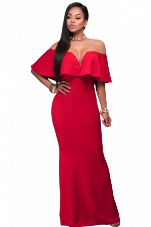 Красное платье-русалка с сексуальным низким вырезом и воланом