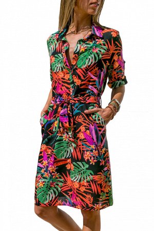 Разноцветное платье-рубашка с поясом и тропическим растительным принтом