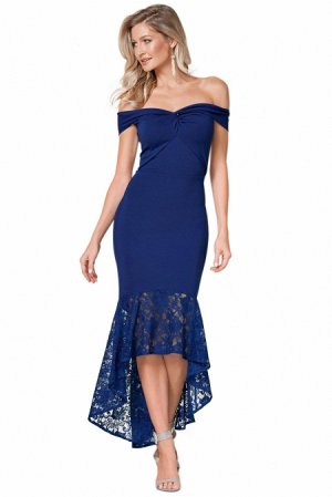 Синее платье-русалка с узлом на лифе и кружевным воланом на юбке