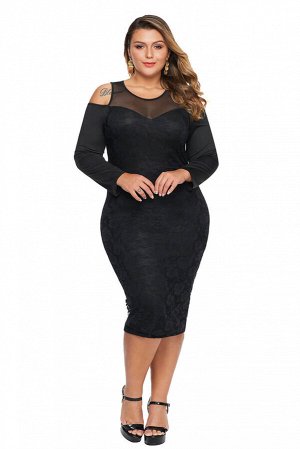 Черное платье-футляр с кружевным цветочным узором и вырезами на плечах