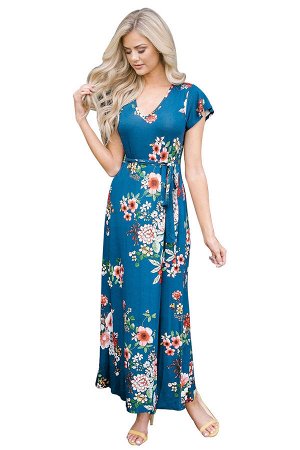 Синее в цветы макси платье с короткими рукавами