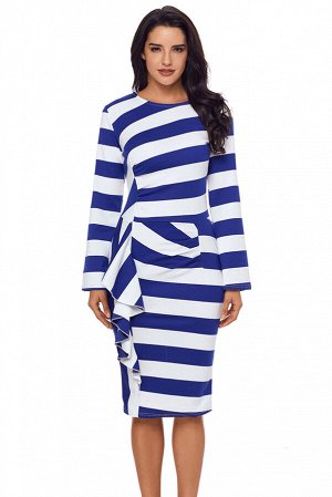 Сине-белое полосатое платье-футляр с бантом-воланом сбоку