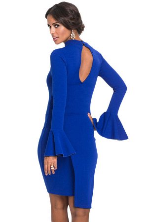 Ярко-синее платье-футляр с асимметричной присборенной юбкой и вырезом-каплей на спине