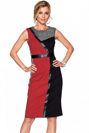Черно-красное приталенное платье с кожаными полосами