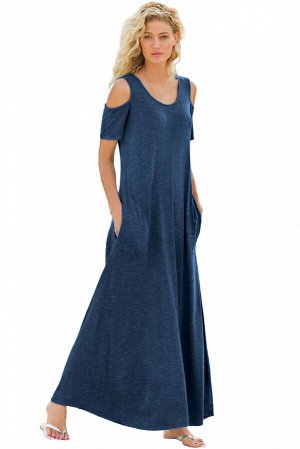 Темно-синее расклешенное платье с вырезами на плечах и карманами