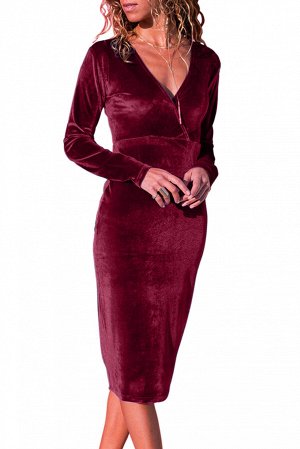 Бордовое бархатное миди платье с V-образным вырезом