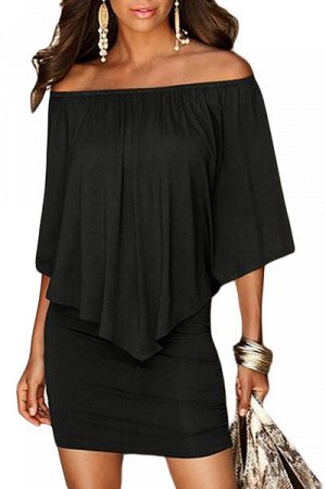 Черное платье-трансформер с широким воланом и резинкой на плечах