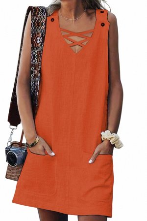 Оранжевое платье-трапеция на широких бретелях и с карманами