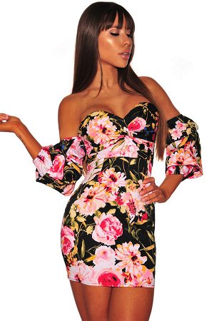 Черное бандажное платье с цветочным узором и открытыми плечами