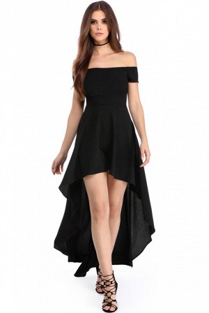 Черное вечернее платье с открытыми плечами и асимметричной юбкой со шлейфом