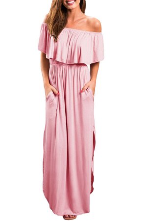Розовое макси-платье со спущенными рукавами-воланом и карманами