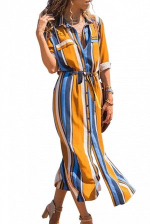 Длинное платье в разноцветную полоску с поясом и на пуговицах