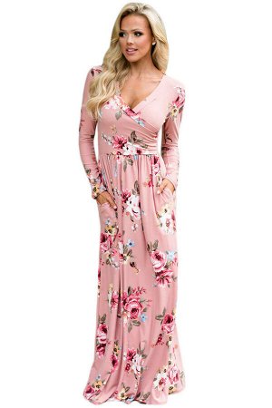 Розовое в цветы макси платье с запахом и карманами