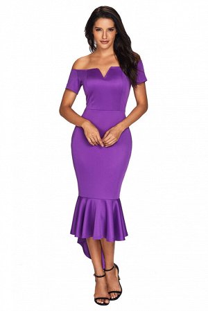 Фиолетовое платье-русалка с фигурным вырезом и асимметричным воланом на юбке
