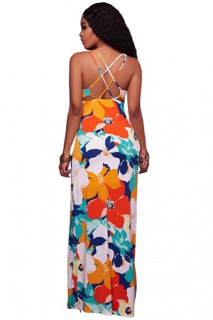 Длинное платье-сарафан с пестрым цветочным принтом и открытой спиной
