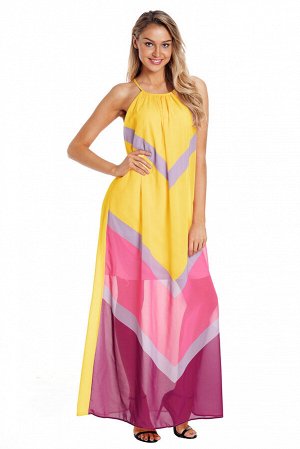 Желто-розовое макси платье-трапеция с полосатым узором