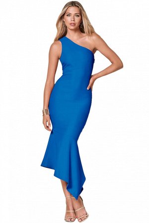 Синее платье-русалка на одно плечо и с асимметричным низом