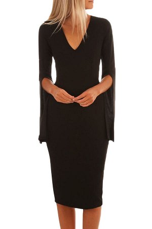 Черное платье-футляр с V-образным вырезом и распашными рукавами