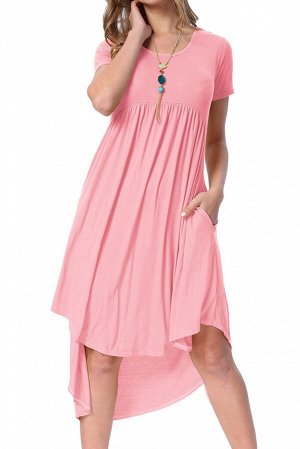 Розовое платье-бебидолл с карманами и удлинением сзади