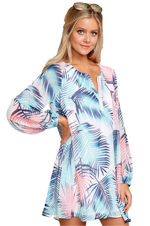 Розово-голубое шифоновое мини платье с узором из пальмовых листьев