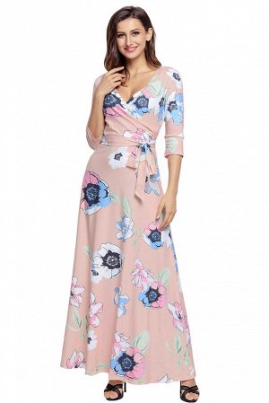 Светло-розовое макси платье А-силуэта с поясом и цветочным узором