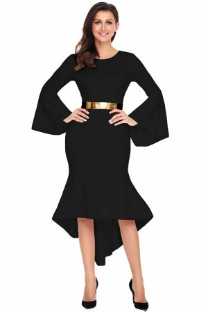 Черное приталенное платье с асимметричными воланами на юбке и рукавах