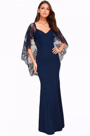 Темно-синее вечернее платье с глубоким V-образным вырезом на спине и кружевными рукавами-накидкой