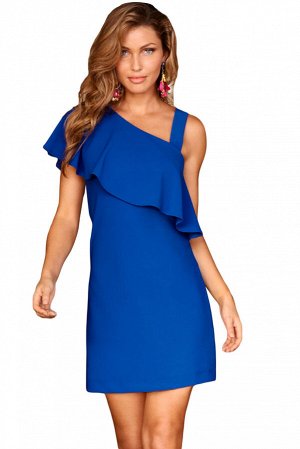 Синее мини платье с воланом на одно плечо