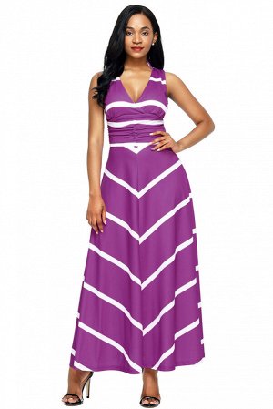 Фиолетовое в белую полоску макси платье с V-образным вырезом и расклешенной юбкой