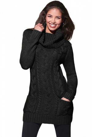 Черное вязаное платье-свитер с карманами и высоким воротом