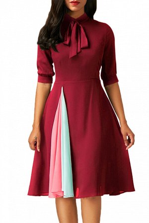 Бордовое платье в ретро-стиле с бантом на груди и цветными вставками-воланами