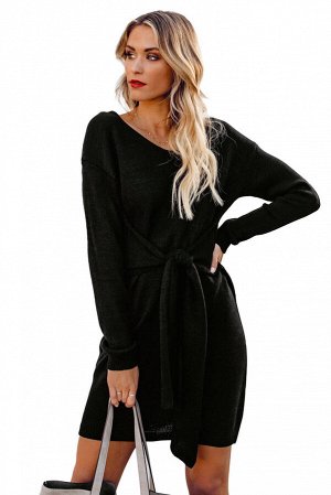 Черное платье-свитер с широким поясом-бантом