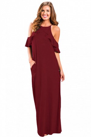 Бордовое длинное платье-балахон с воланами и вырезами на плечах