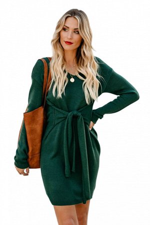 Зеленое платье-свитер с широким поясом-бантом