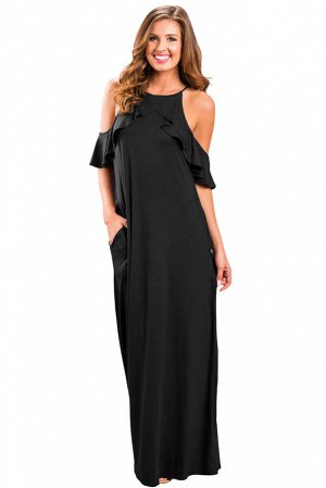 Черное длинное платье-балахон с воланами и вырезами на плечах