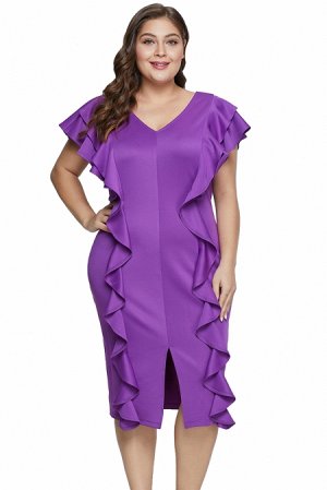 Фиолетовое платье-футляр с воланами и рукавами-крылышками