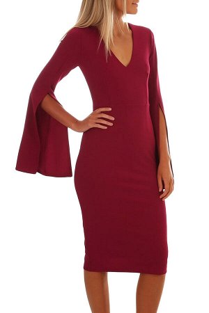 Бордовое платье-футляр с V-образным вырезом и распашными рукавами