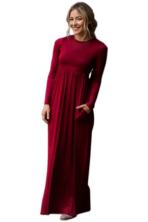 Бордовое макси платье с длинными рукавами и завышенной талией