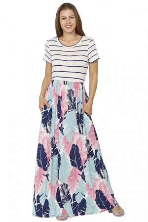 Приталенное макси платье с полосатым топом и розово-синим узором из листьев на юбке