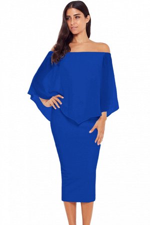 Ярко-синее платье бодикон с открытыми плечами и пелериной
