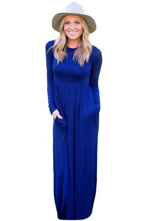 Синее макси платье с длинными рукавами и завышенной талией
