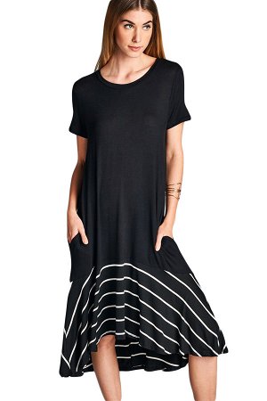 Черное платье-трапеция миди длины с полосатой оборкой и карманами