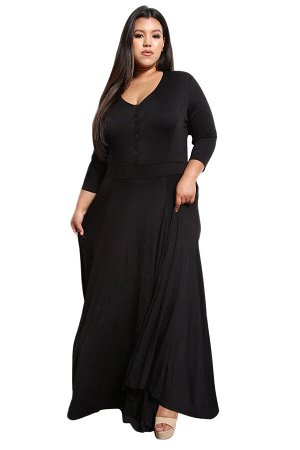 Черное;приталенное;макси;платье;с;V-образным;вырезом;и;карманами
