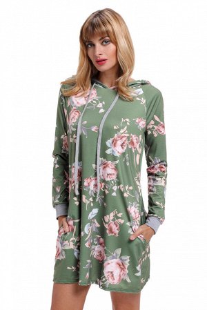 Зеленое в цветы платье-трапеция с карманами и капюшоном